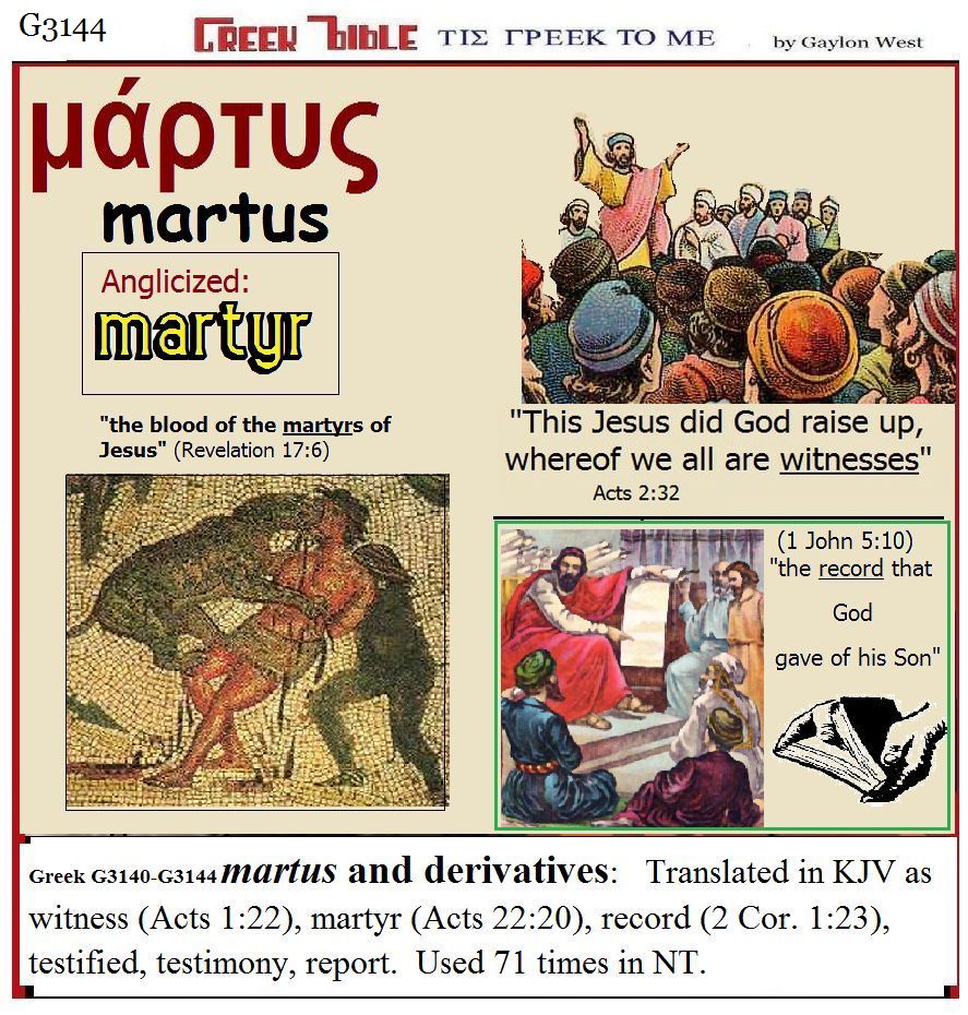 G3144, G3140 martus, martyr, witness, record illustrated