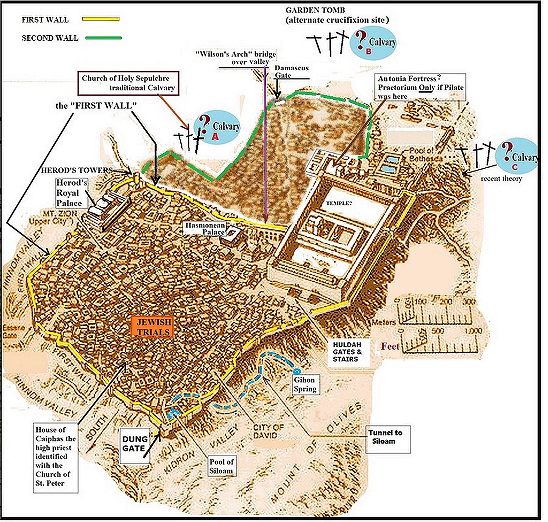 Jerusalem map with two walls; position of crosses