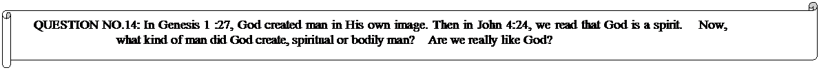 Horizontal Scroll: QUESTION NO.14: In Genesis 1 :27, God created man in His own image. Then in John 4:24, we read that God is a spirit.    Now, what kind of man did God create, spiritual or bodily man?    Are we really like God? 
	


